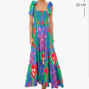 Sheridan French smocked bow heart Ikat Kelly Tiered Maxi Dress M